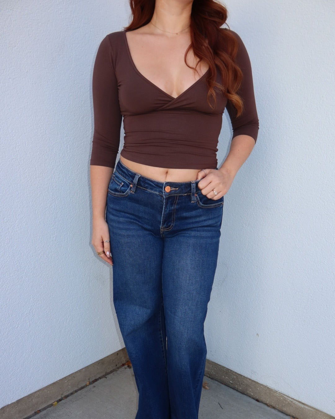 Mia Surplice V-Neck Knit Top - Brown