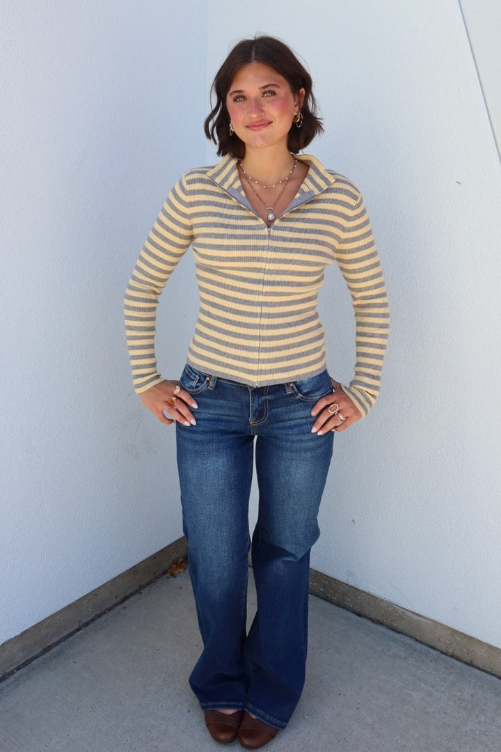 Flinn Striped Funnel Neck Zip-Up Sweater