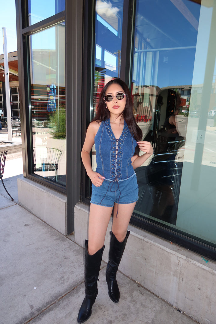 The Moto Lace-Up Denim Top