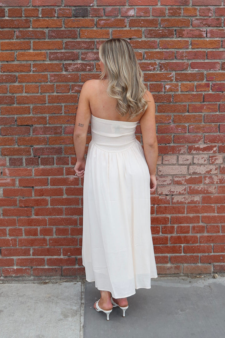 Cream Strapless Lace Trim A-Line Midi Dress
