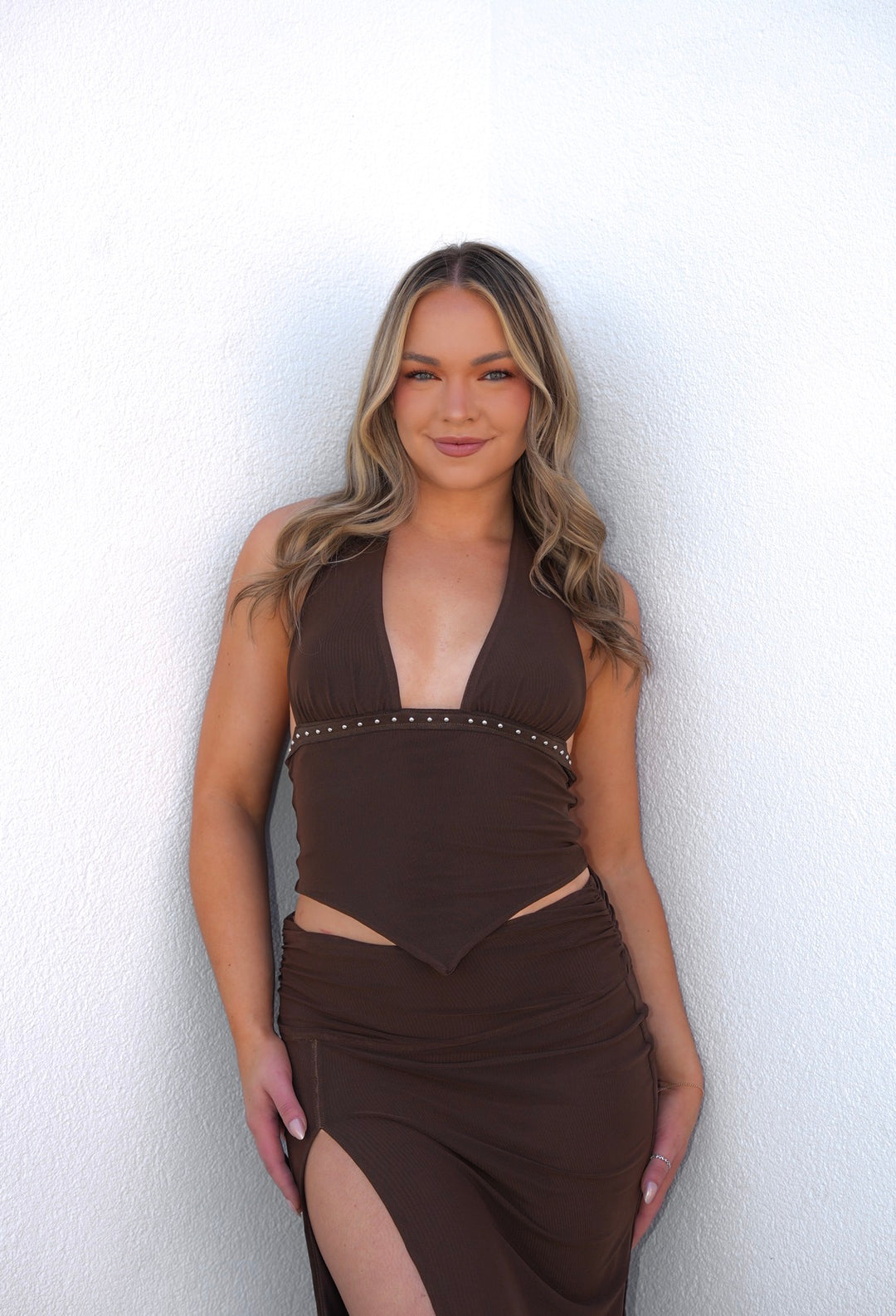Chocolate Brown Studded Deep-V Halter Crop Top