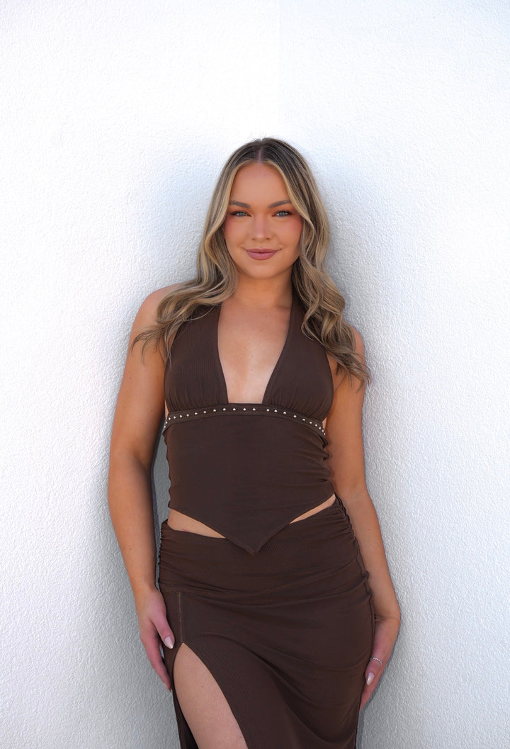 Chocolate Brown Studded Deep-V Halter Crop Top