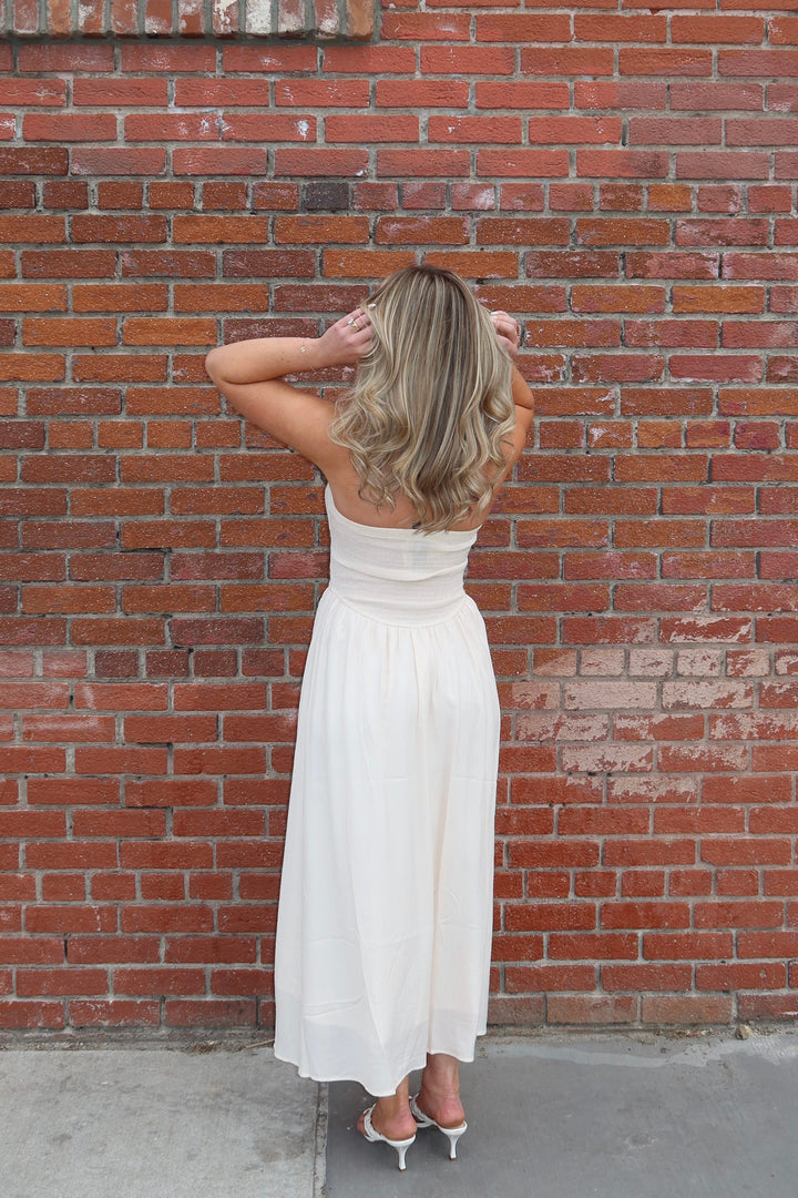 Cream Strapless Lace Trim A-Line Midi Dress