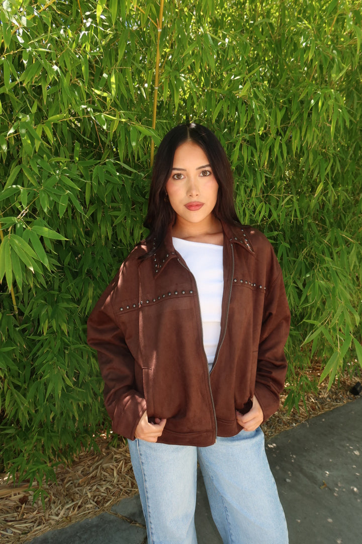 The Suzanee Studded Suede Jacket — Dark Brown