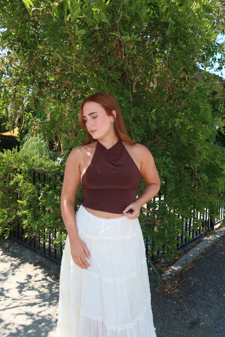Hazel Halter Cowl Neck Top - Brown