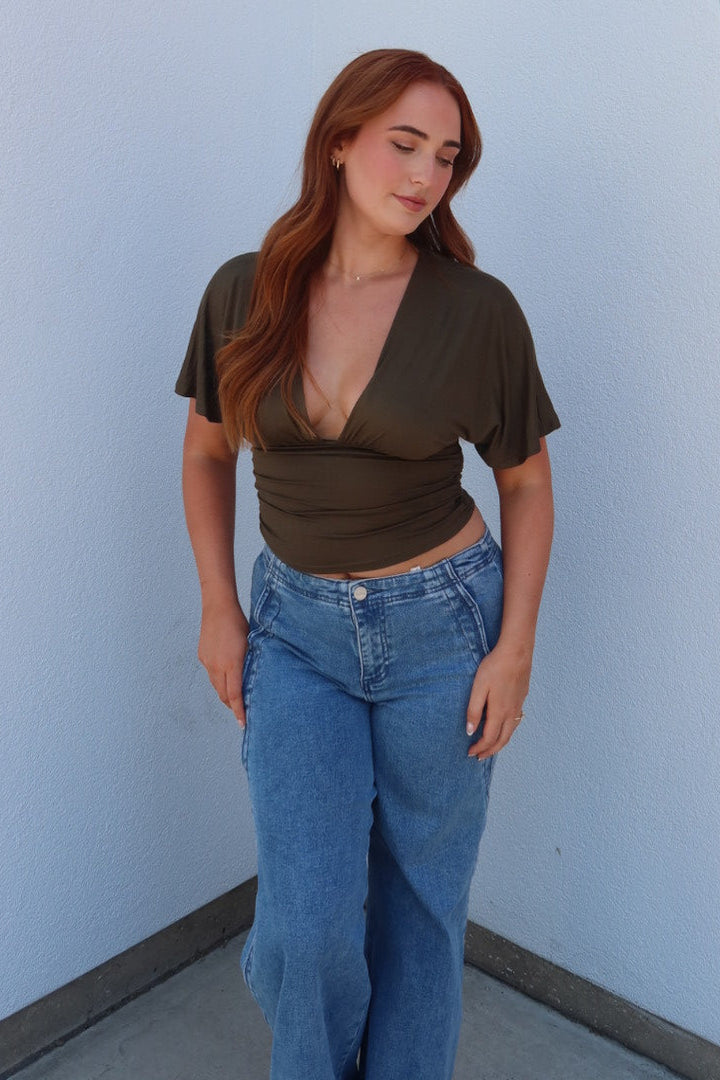Simone Short Sleeve V-Neck Top - Olive