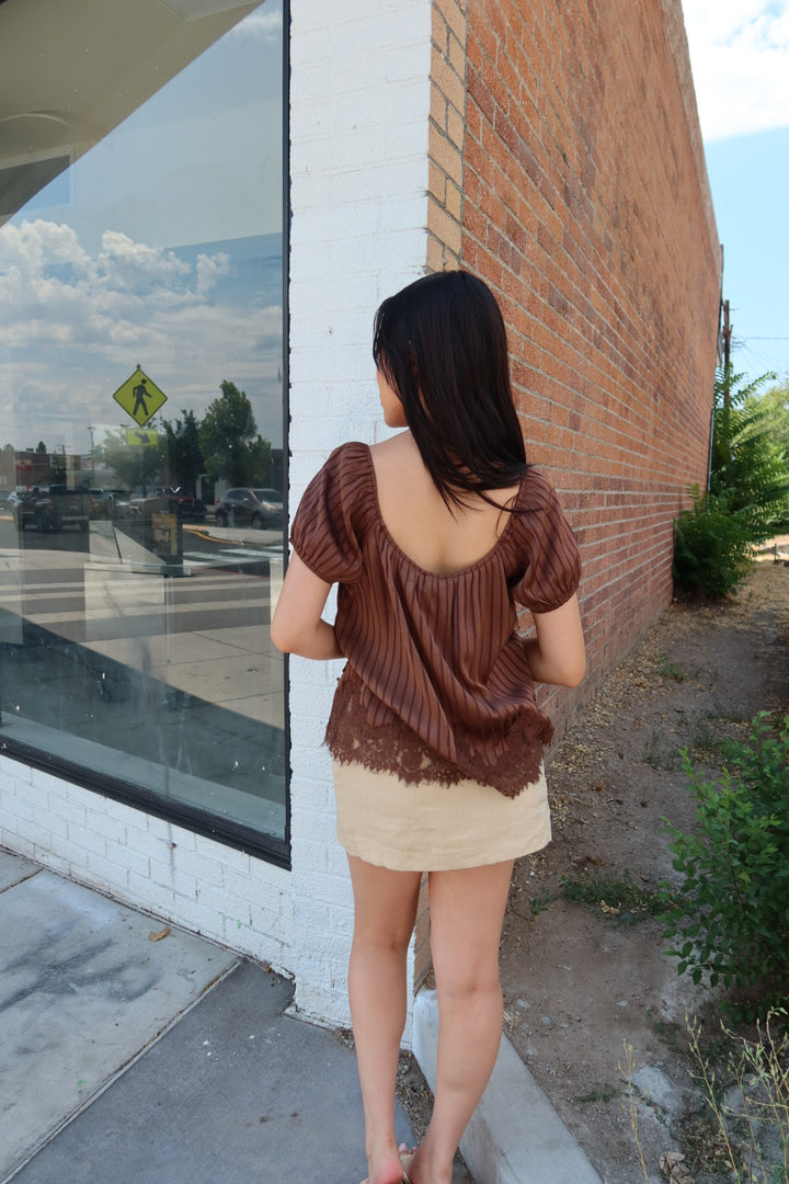 Primrose Puff Sleeve Tie Top — Chocolate