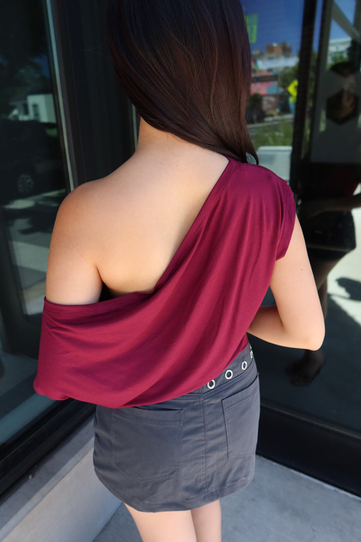 Almeda Asymmetrical Off-Shoulder Top — Burgundy