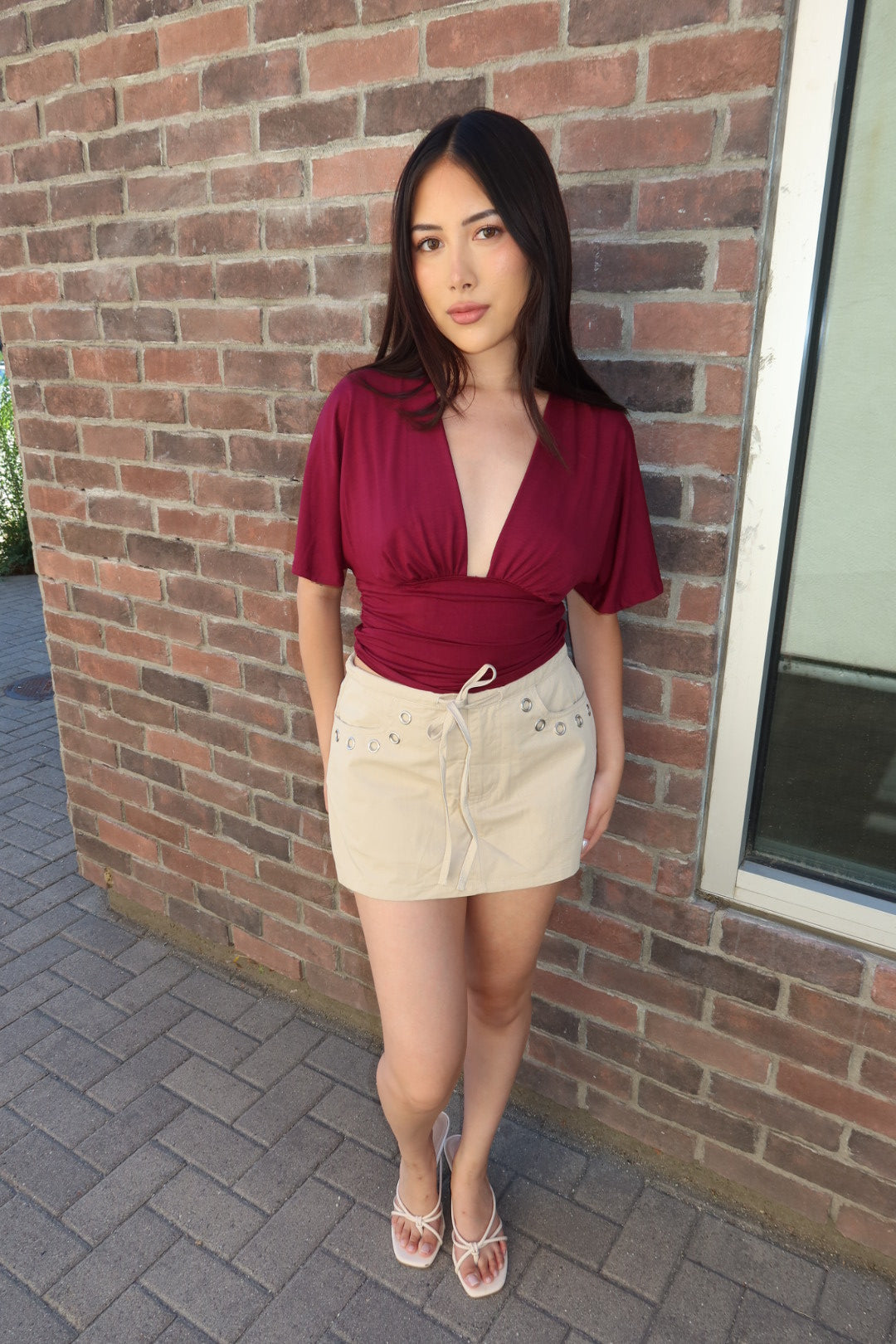 Simone Short Sleeve V-Neck Top — Burgundy