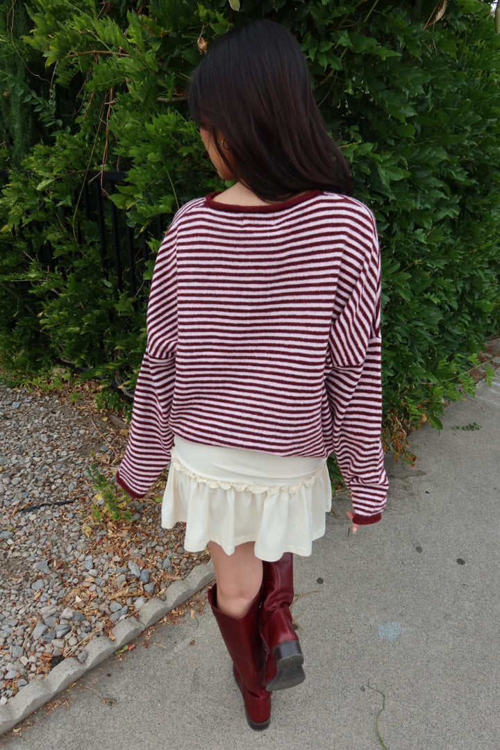 Kiera Striped Long Sleeve Cardigan — Burgundy