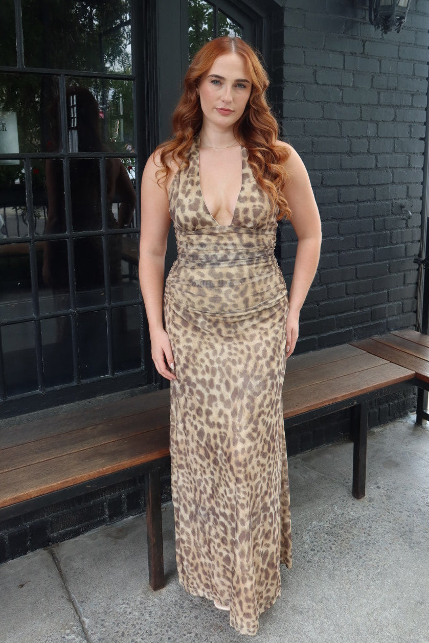 Imelda Leopard Plunge Neck Maxi Dress