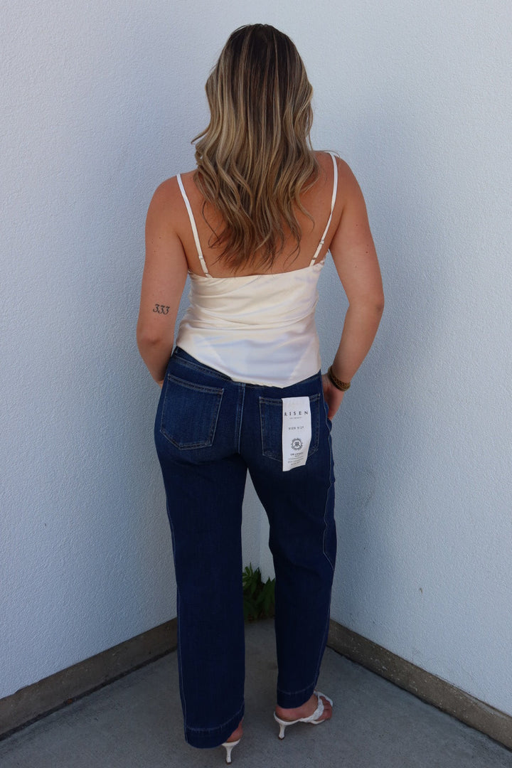 Risen Mid Rise Ankle Wide Leg Jeans - Dark Wash