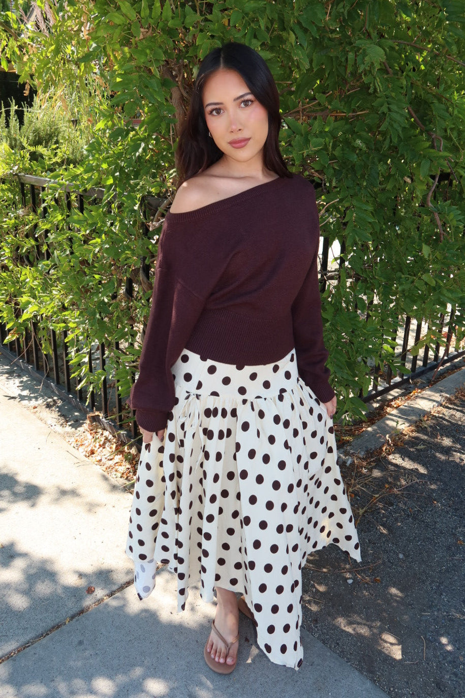 Cielo Polka Dot Drop Waist Midi Skirt