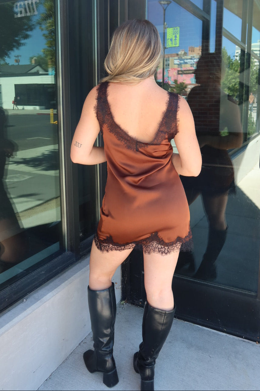Minetto Mocha Lace Satin Slip Dress