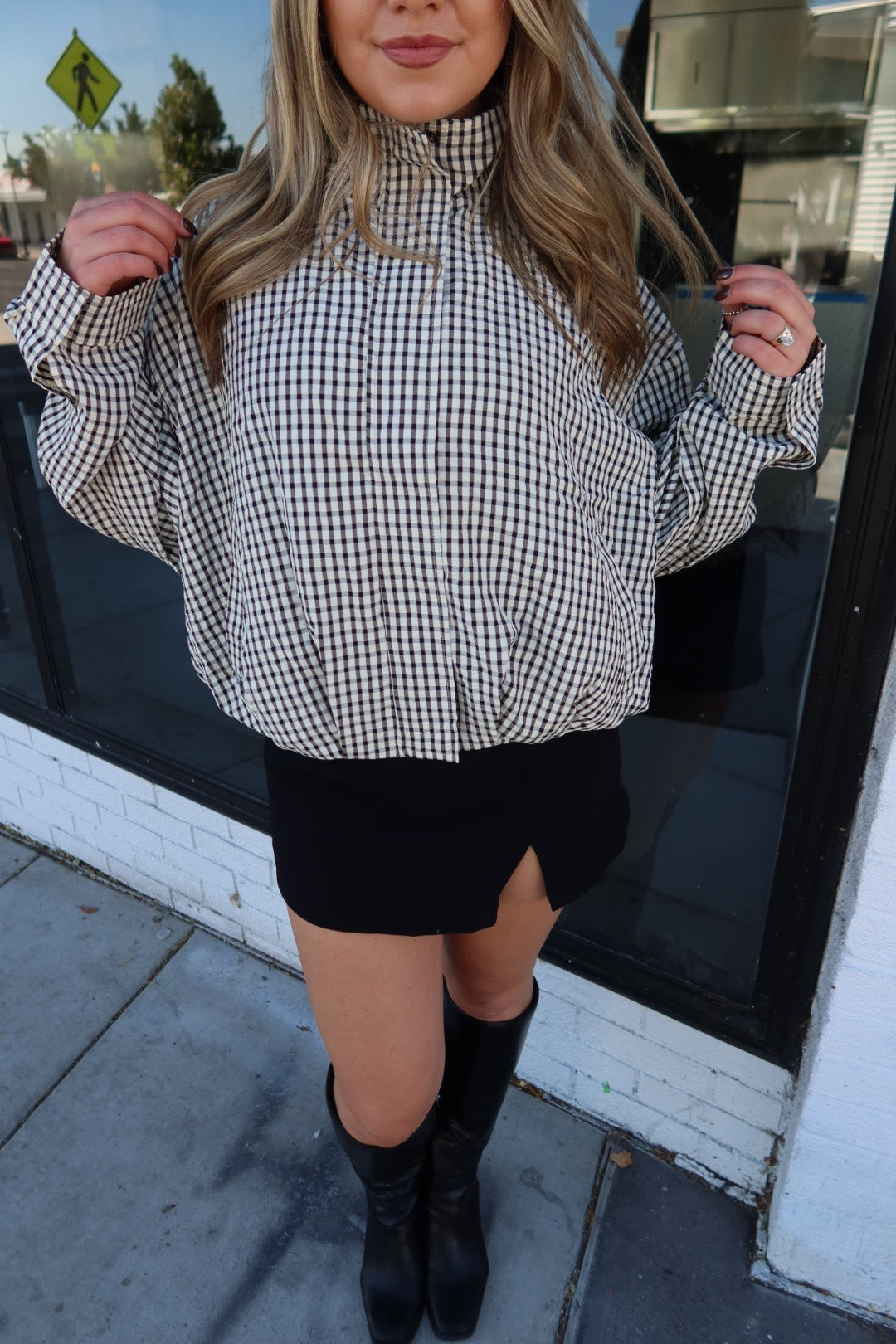 Margot Plaid Gingham Zip-Up High Neck Bomber Jacket
