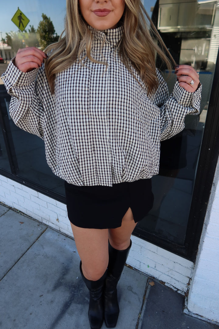 Margot Plaid Gingham Zip-Up High Neck Bomber Jacket