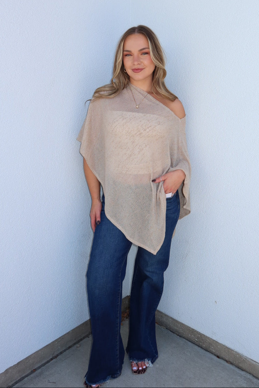 Portofino Sheer Knit Poncho Top - Taupe