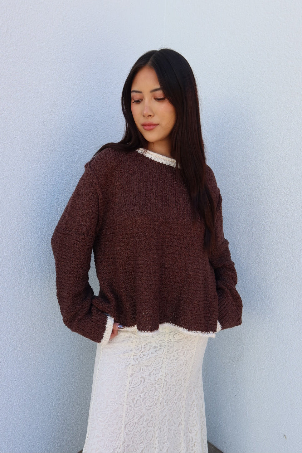 Caldwell Contrast Trim Knit Sweater - Brown