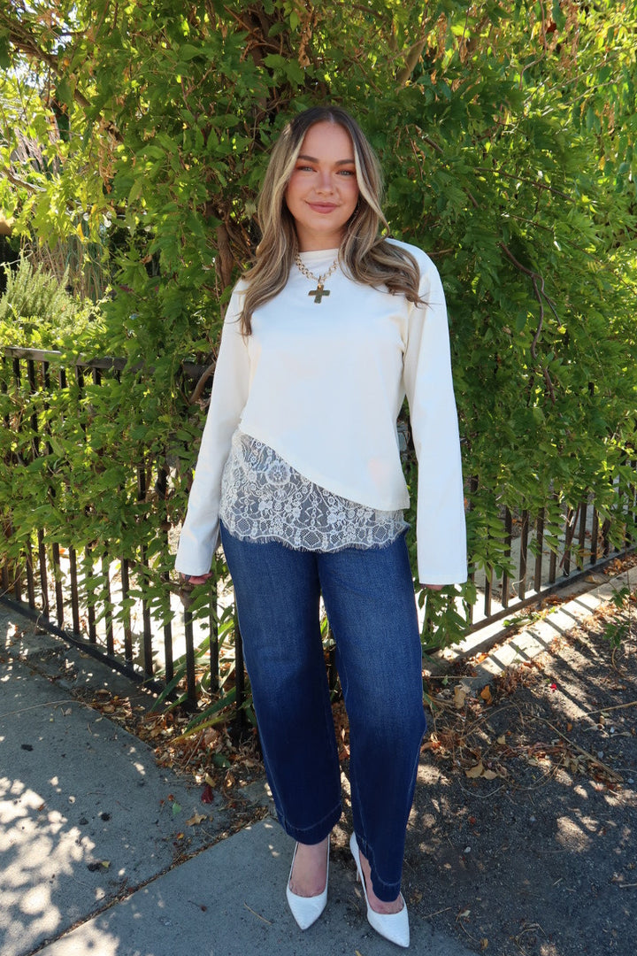 Charlie Asymmetric Lace Trim Top - Cream