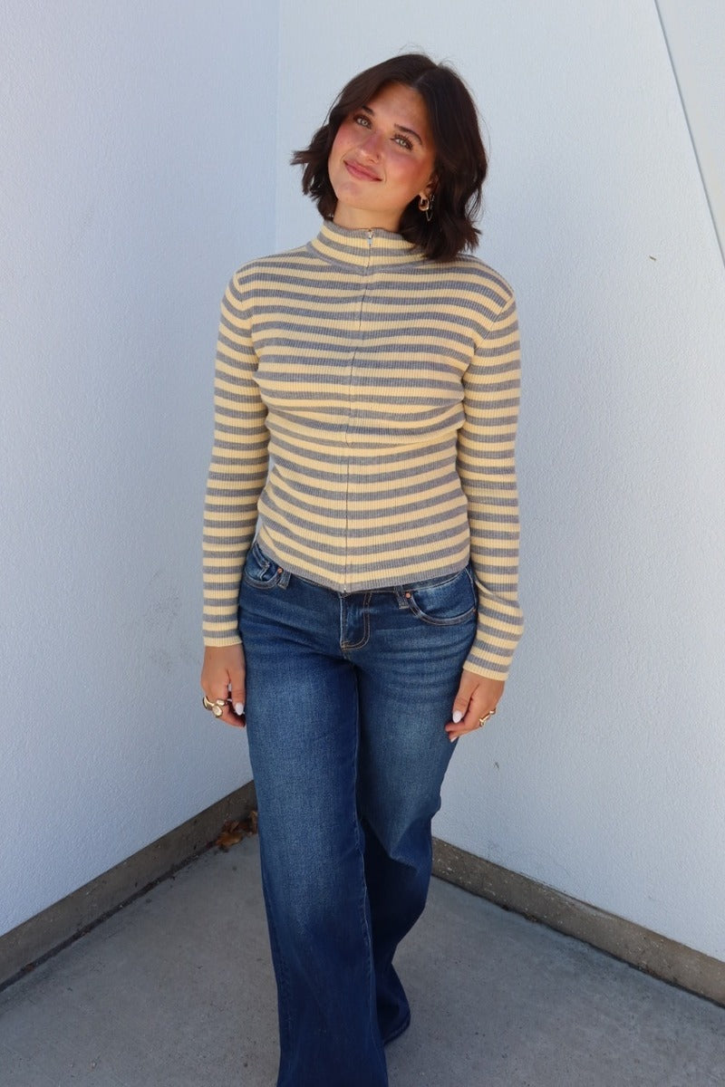 Flinn Striped Funnel Neck Zip-Up Sweater