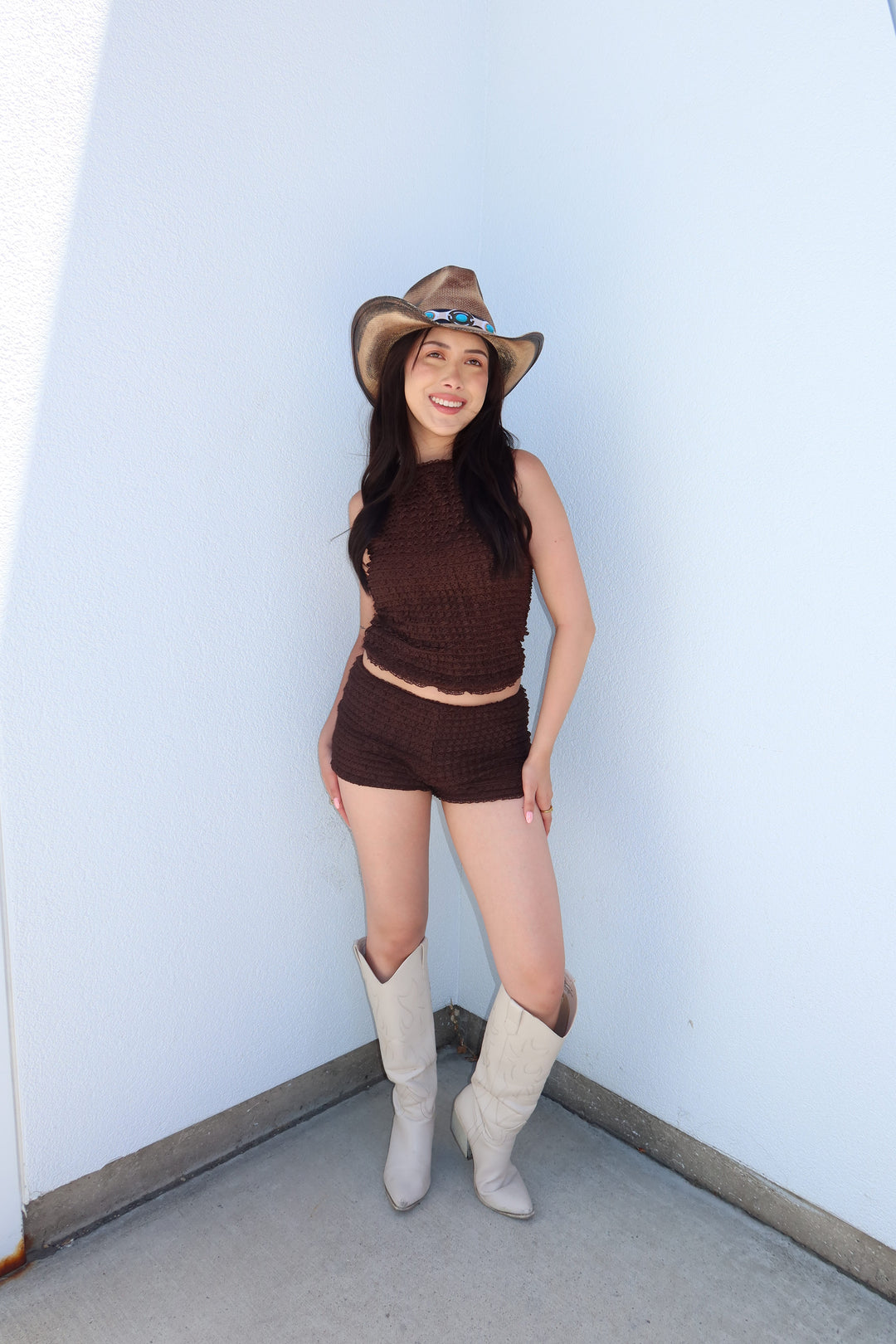 Lula Chocolate Brown Tiered Ruffle Lace Mock Neck Tank Top