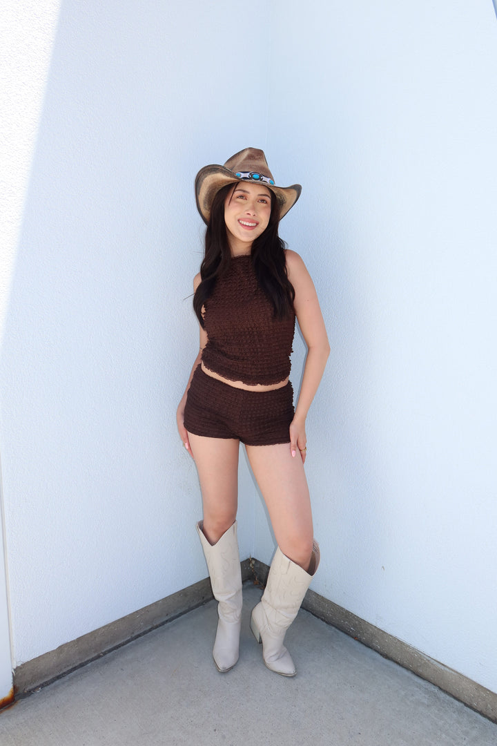 Lula Chocolate Brown Tiered Ruffle Lace Mock Neck Tank Top