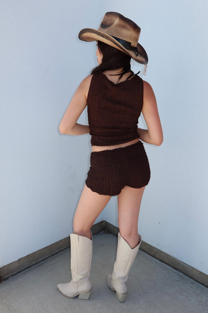 Lula Chocolate Brown Tiered Ruffle Lace Mock Neck Tank Top