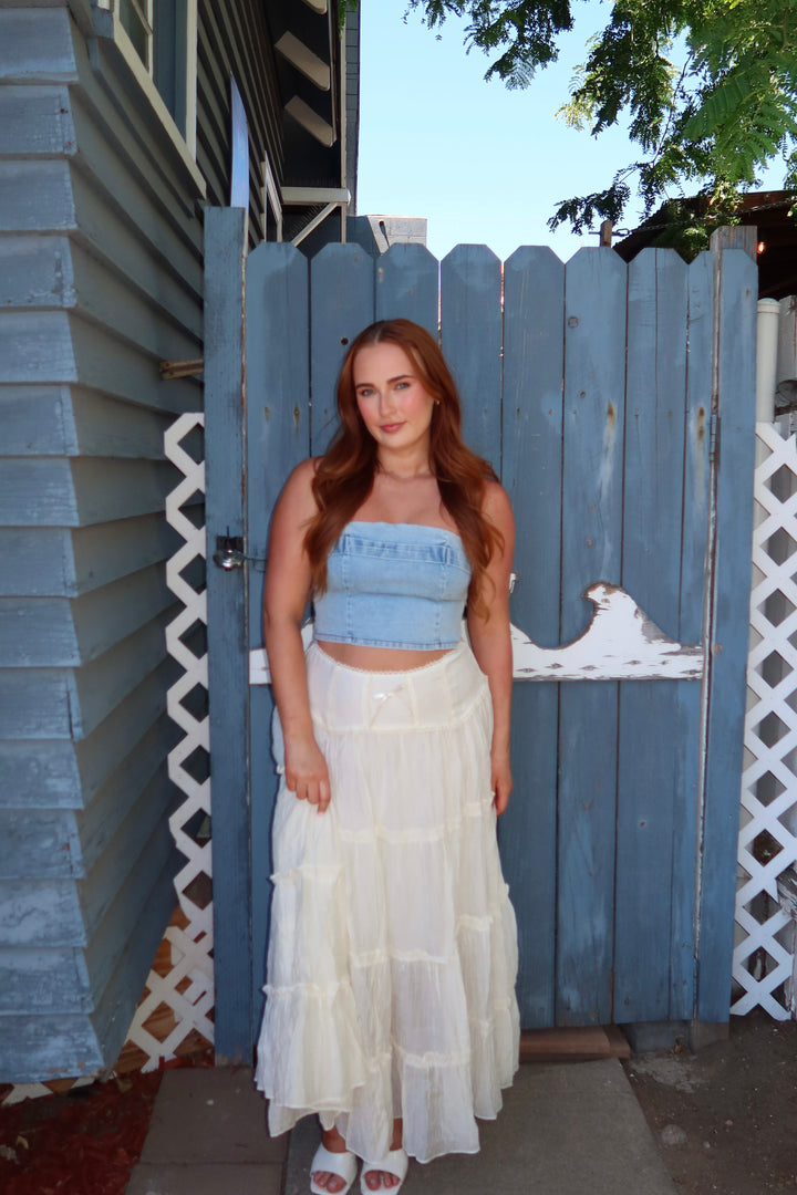 The Marina Denim Strapless Corset Top