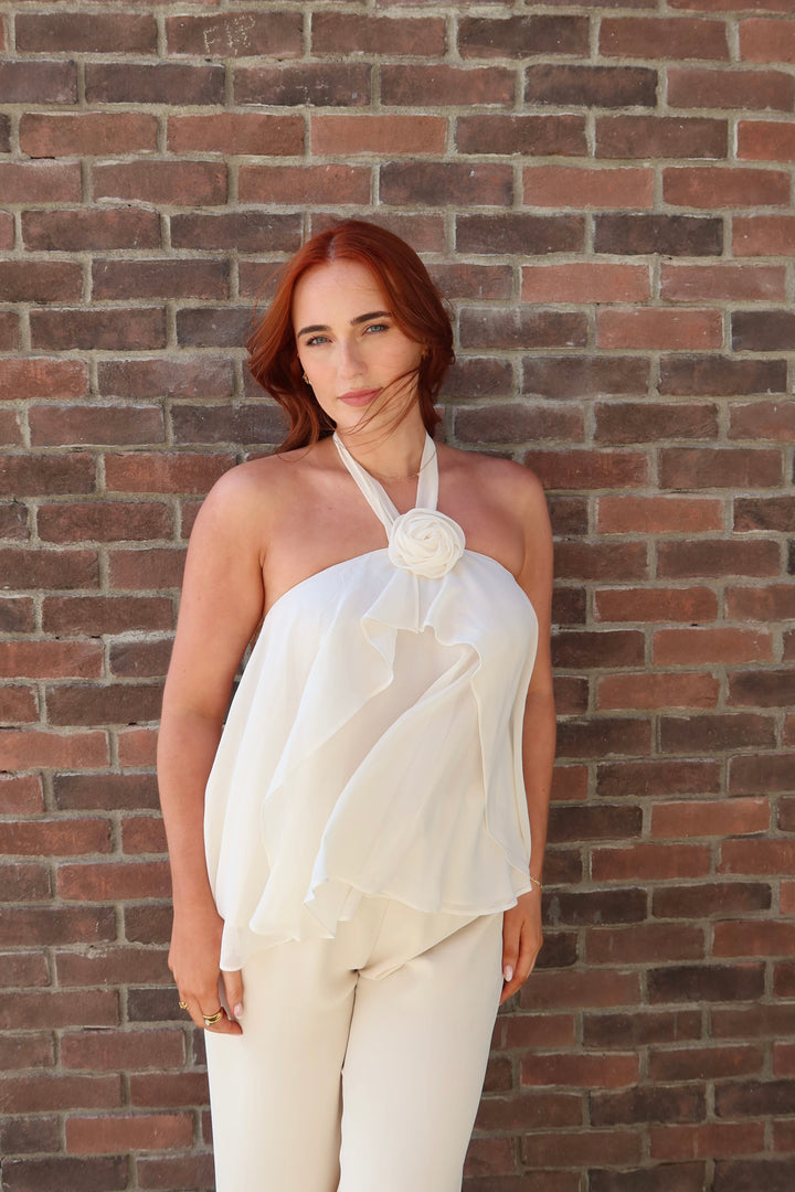 Cream Open-Back Rosette Halter Top