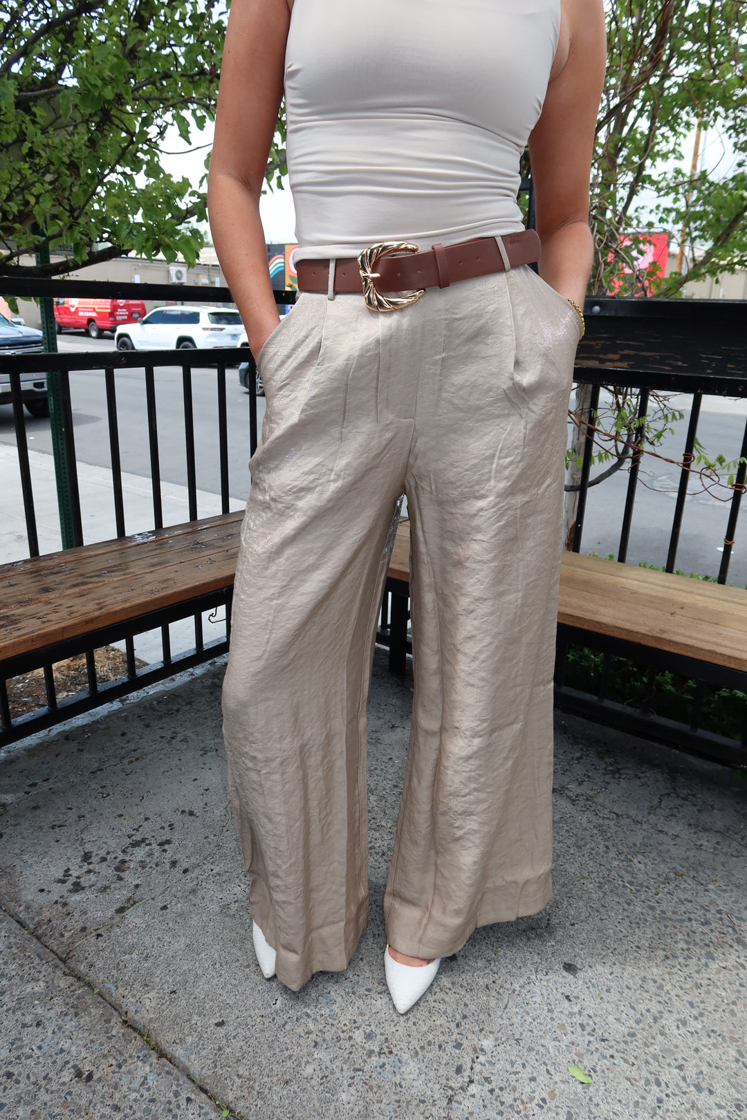 Taupe Satin Pleated Wide-Leg Pants with Belt