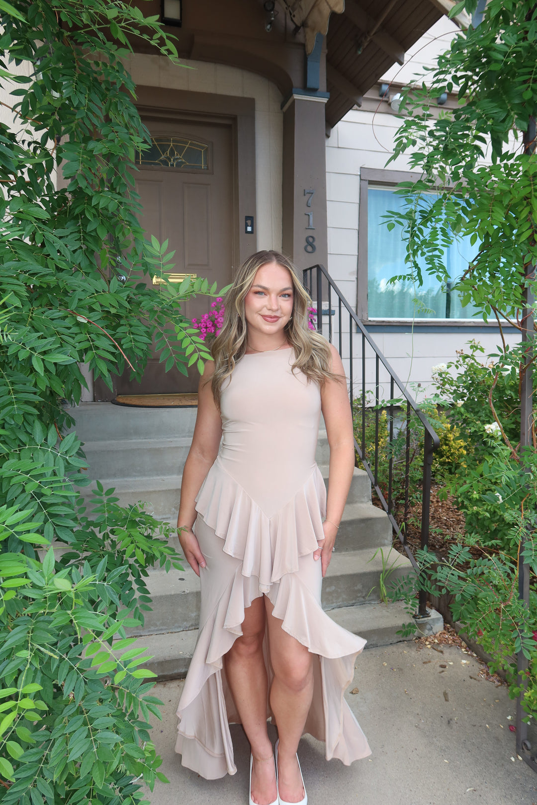 Taupe Cascading Ruffle Gown Boat Neck Peplum Waist Floor Length