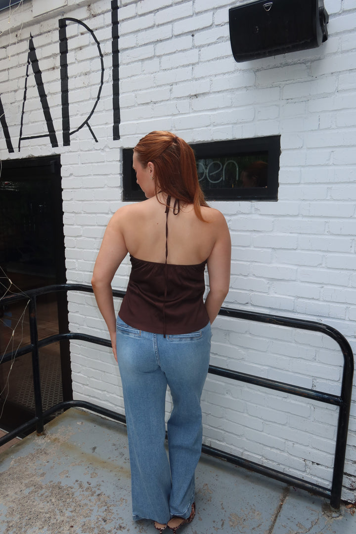 The Zenaye Cut Out Satin Halter Top — Brown