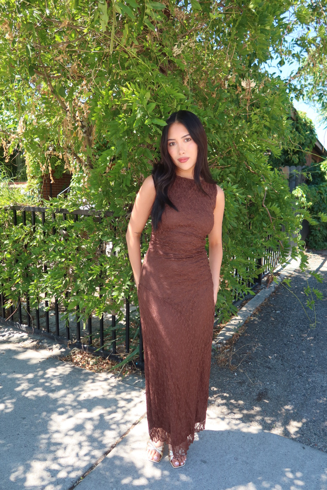 The Lucille Lace Midi Dress — Dark Brown