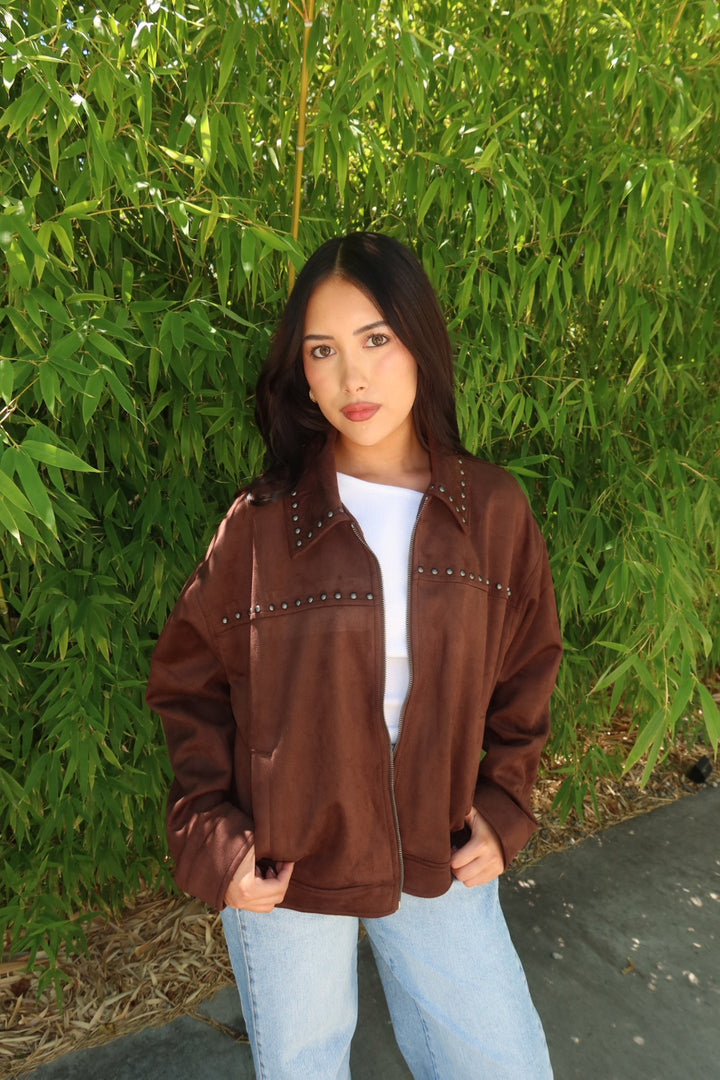 The Suzanee Studded Suede Jacket — Dark Brown