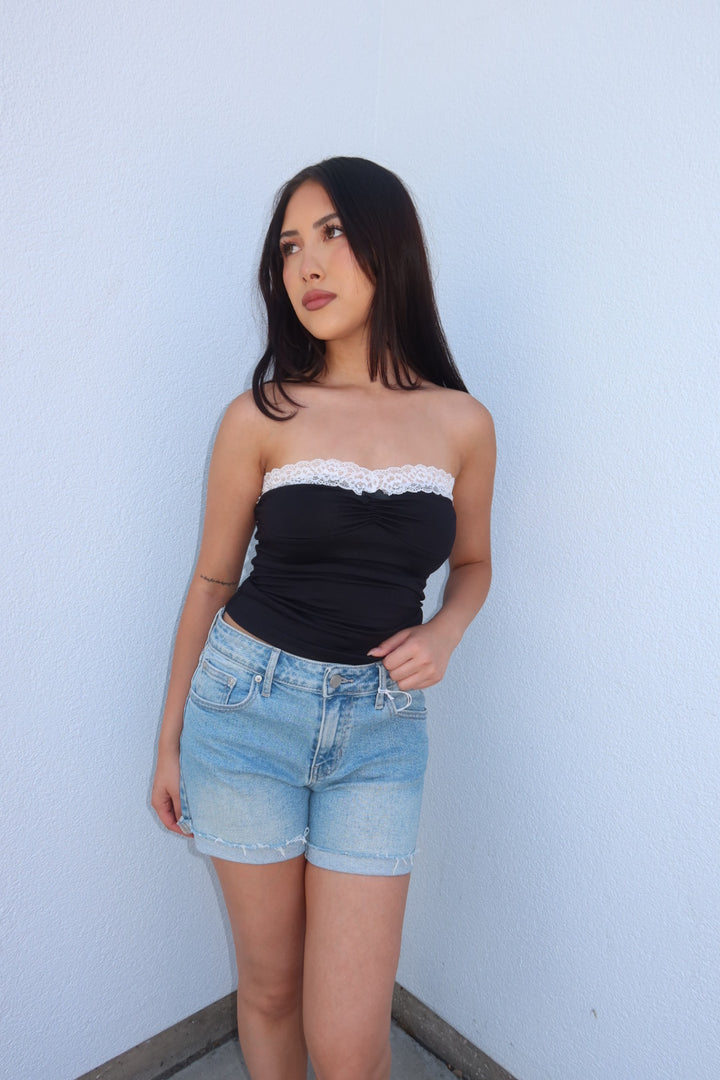 The Claire Strapless Lace Trim Top - Black