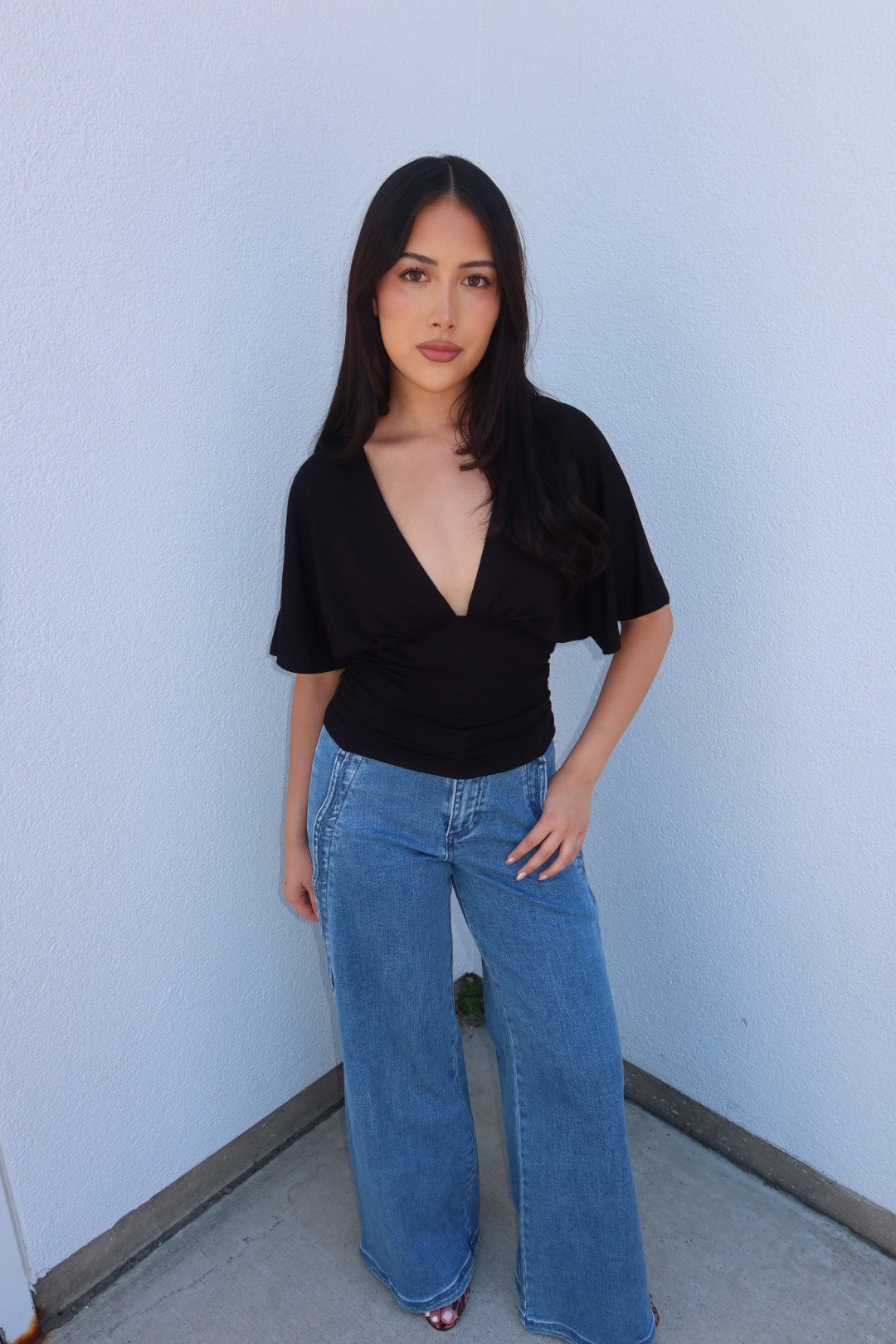 Simone Short Sleeve V-Neck Top - Black