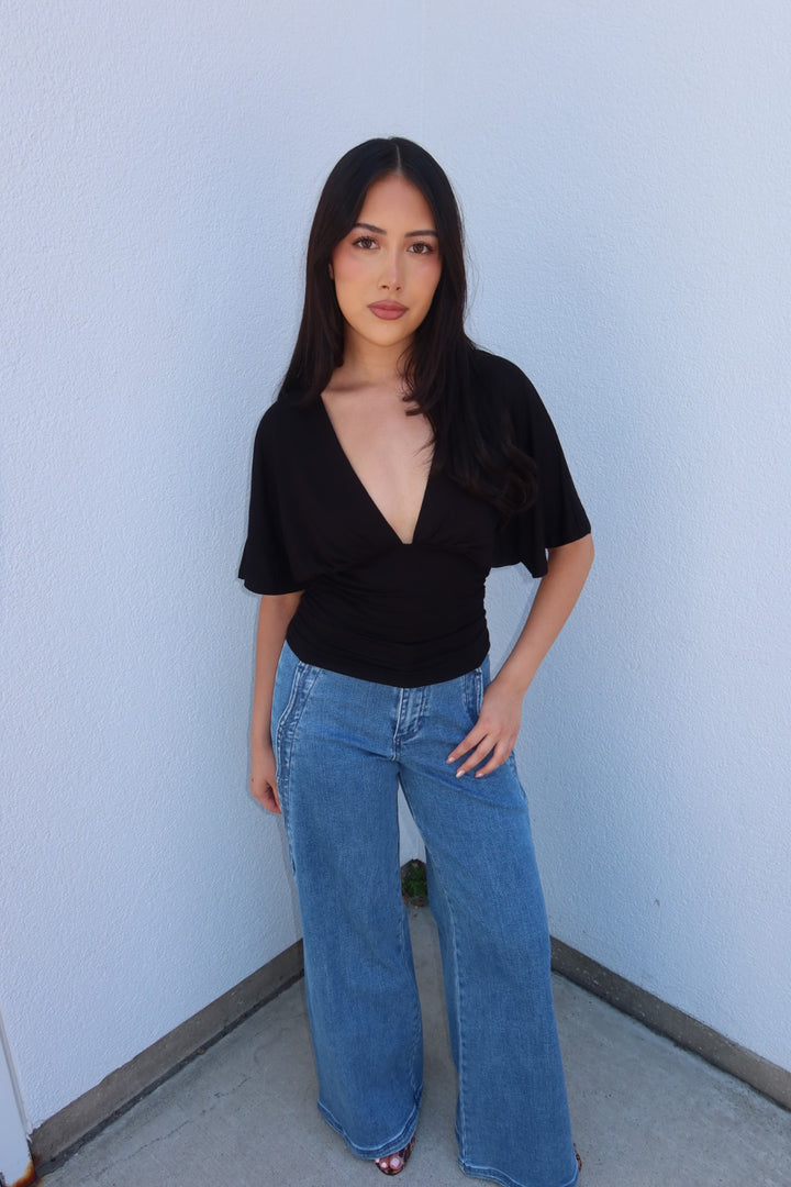 Simone Short Sleeve V-Neck Top - Black