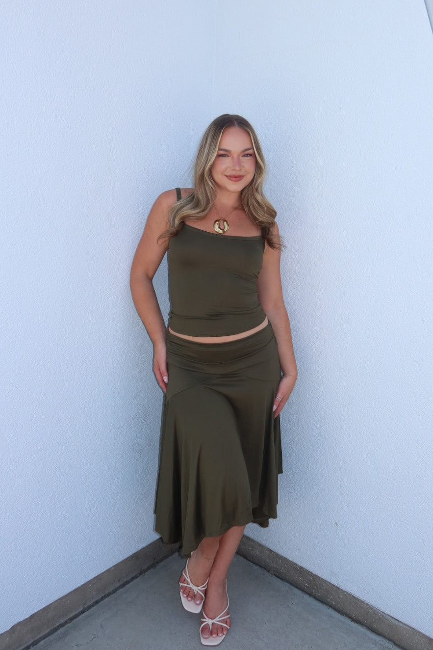 The Abigail Assymetrical Midi Skirt - Olive