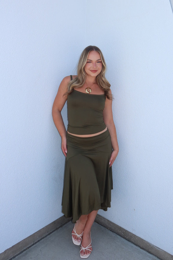 The Abigail Assymetrical Midi Skirt - Olive