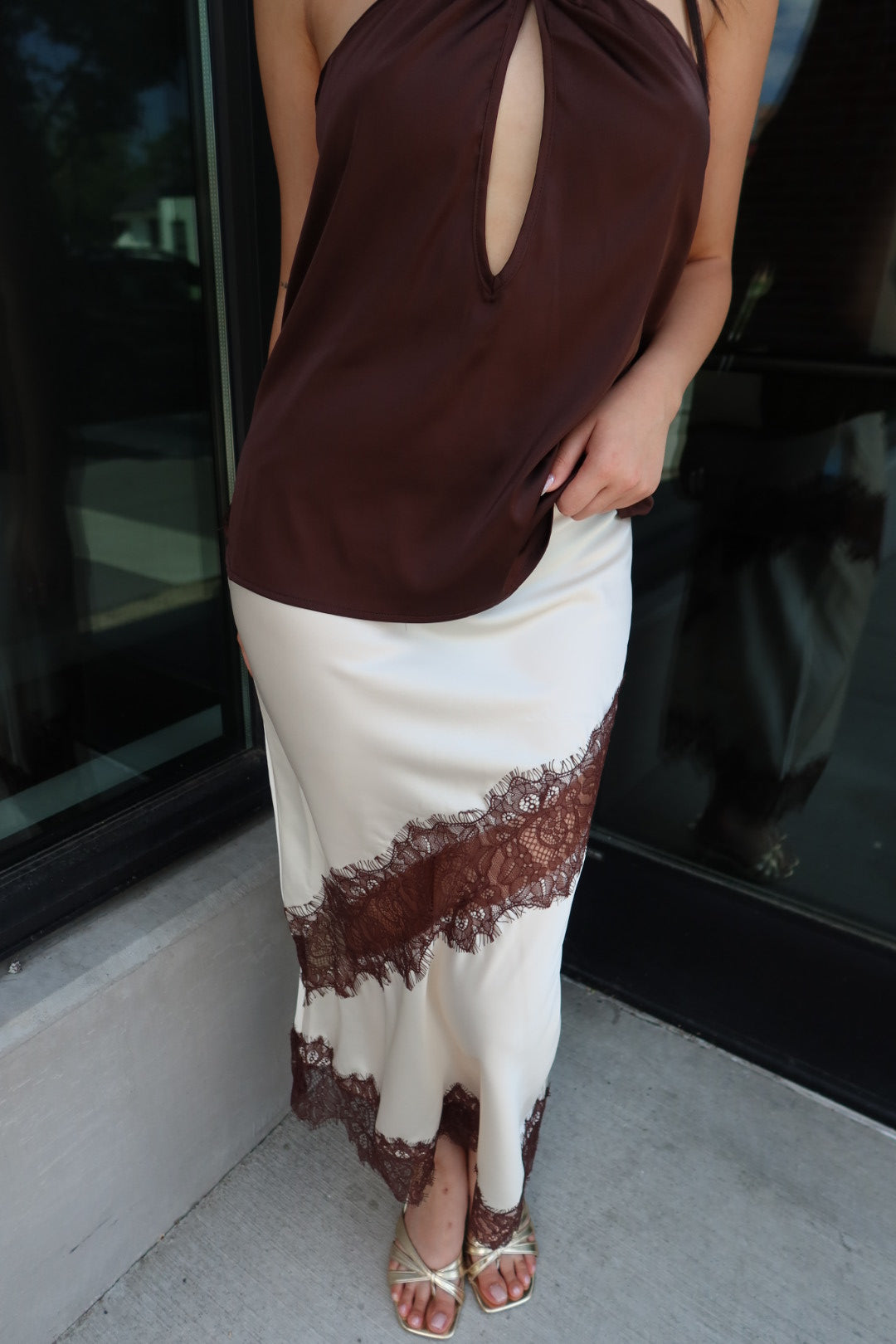 Reynolds Satin Lace Trim Midi Skirt