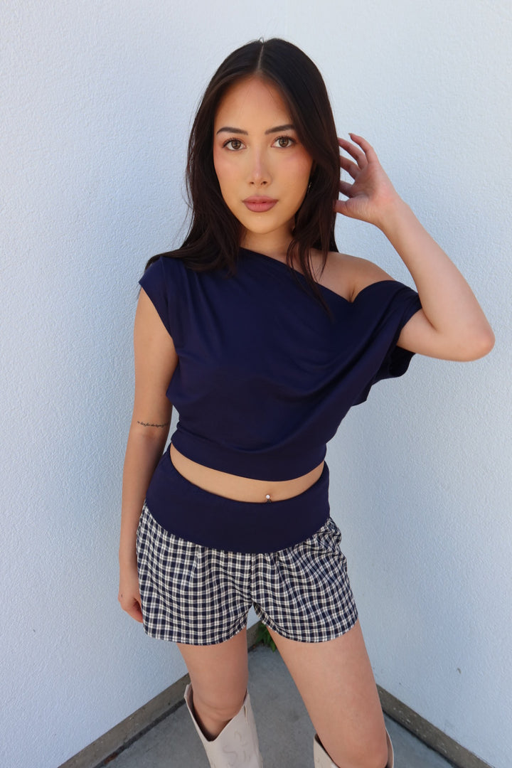 Almeda Asymmetrical Off-Shoulder Top — Navy