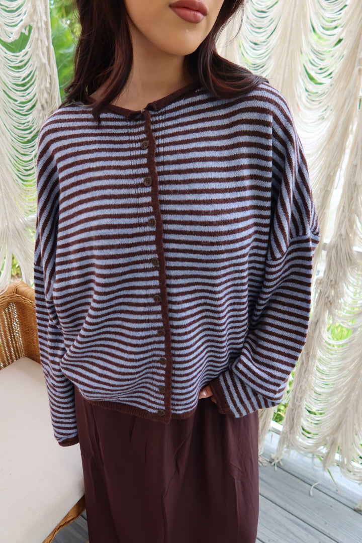 Kiera Striped Long Sleeve Cardigan — Blue