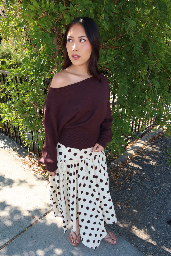 Cielo Polka Dot Drop Waist Midi Skirt