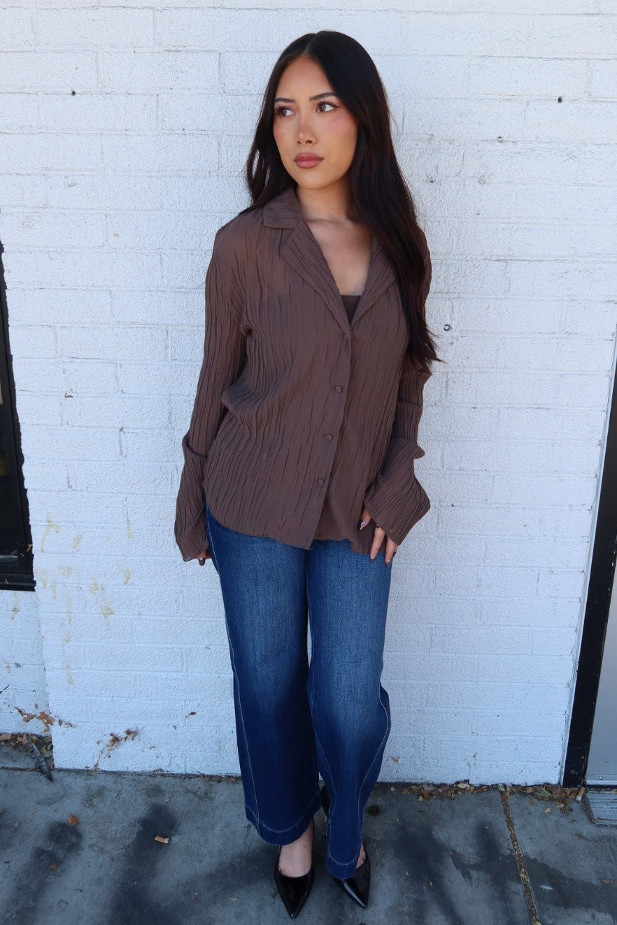 Daily Collared Button Down Plisse Top - Brown