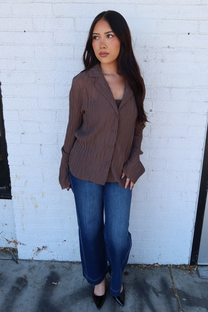 Daily Collared Button Down Plisse Top - Brown