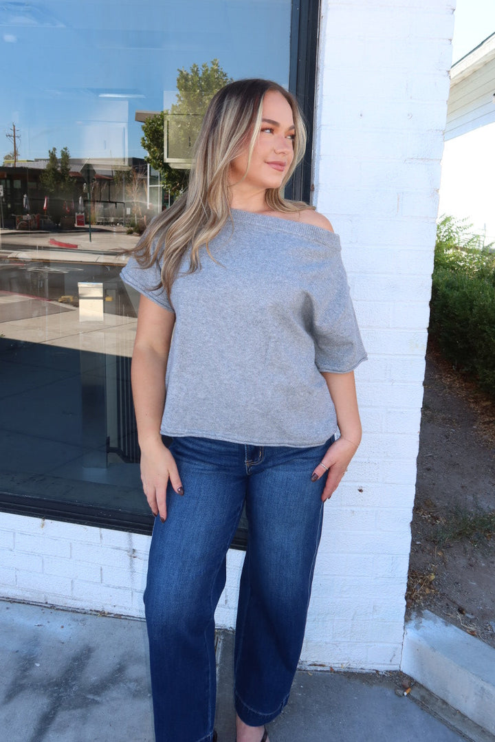 Dunes Asymmetrical Boxy Short Sleeve Top - Gray