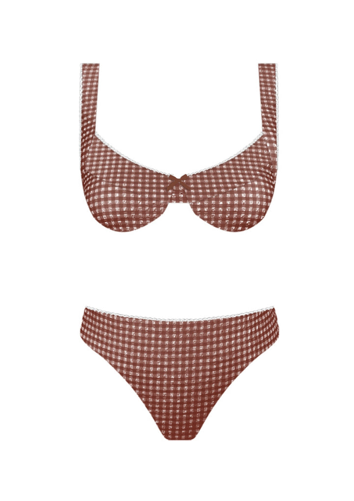 The Cocoa Gingham Underwire Bikini Set - Flat Lay Product Shot Showing Bubble Texture Gingham Fabric, Underwire Top & Cheeky Bottoms