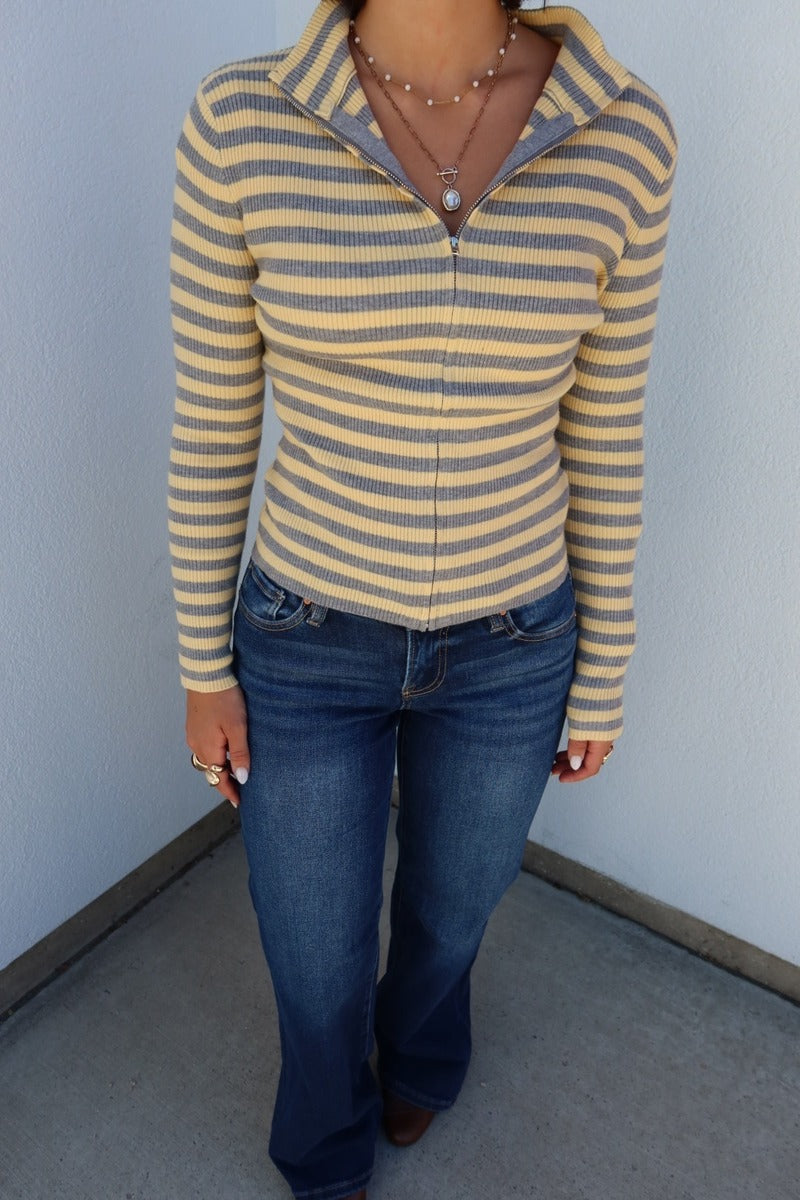Flinn Striped Funnel Neck Zip-Up Sweater