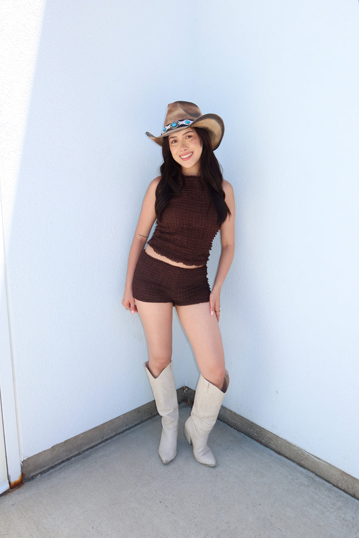 Lula Chocolate Brown Tiered Ruffle Lace Mock Neck Tank Top