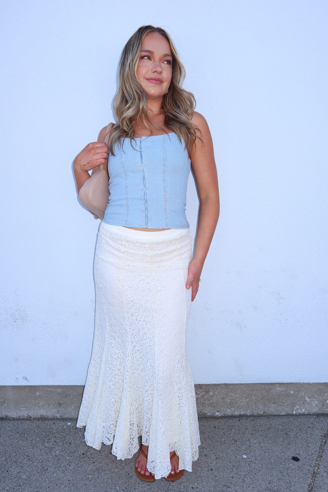 The Ivory Lace Godet Midi Skirt